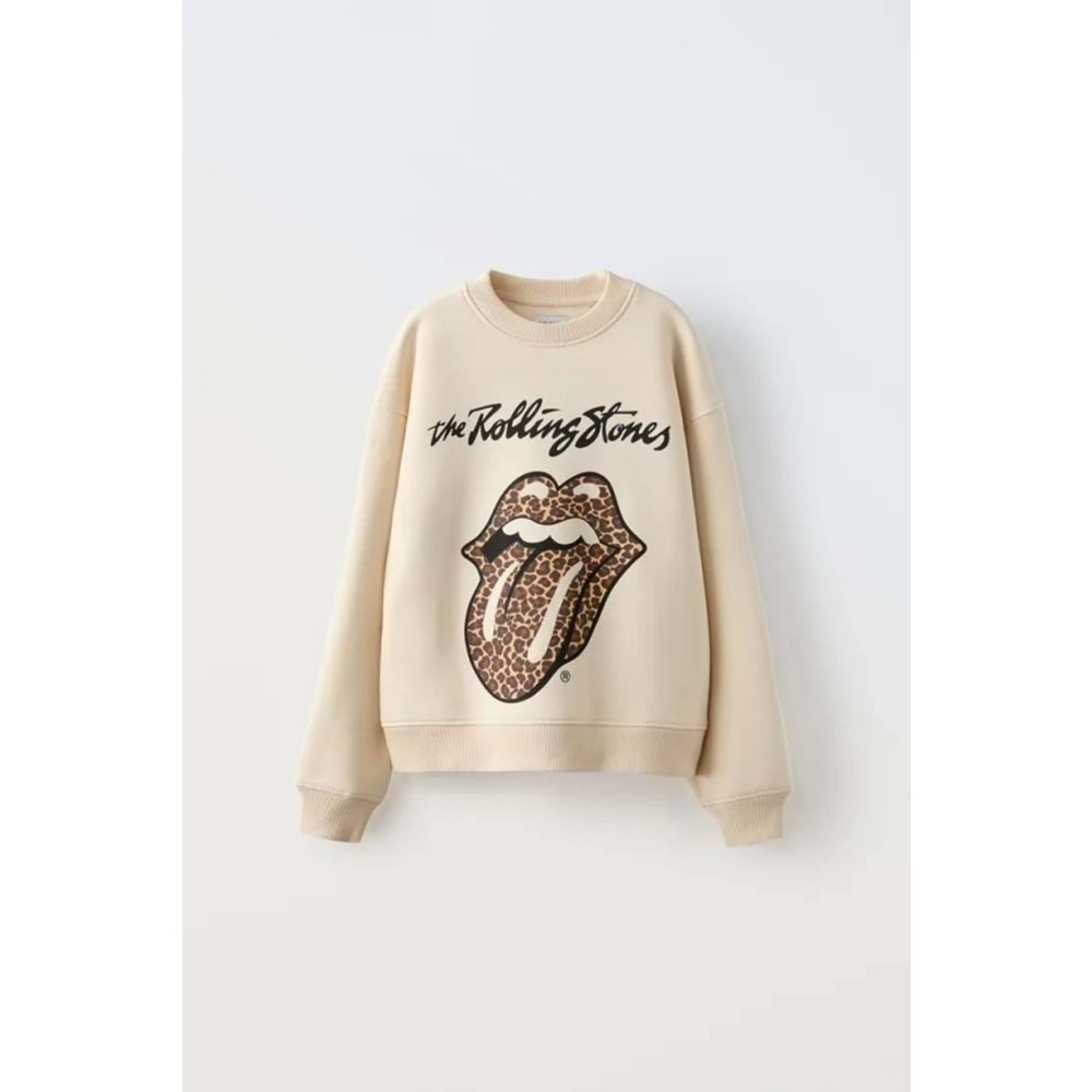 Kız Çocuk Yeni Sezon Leopar Desen Açık Kahve - Bej Renk Rolling Sweatshirt