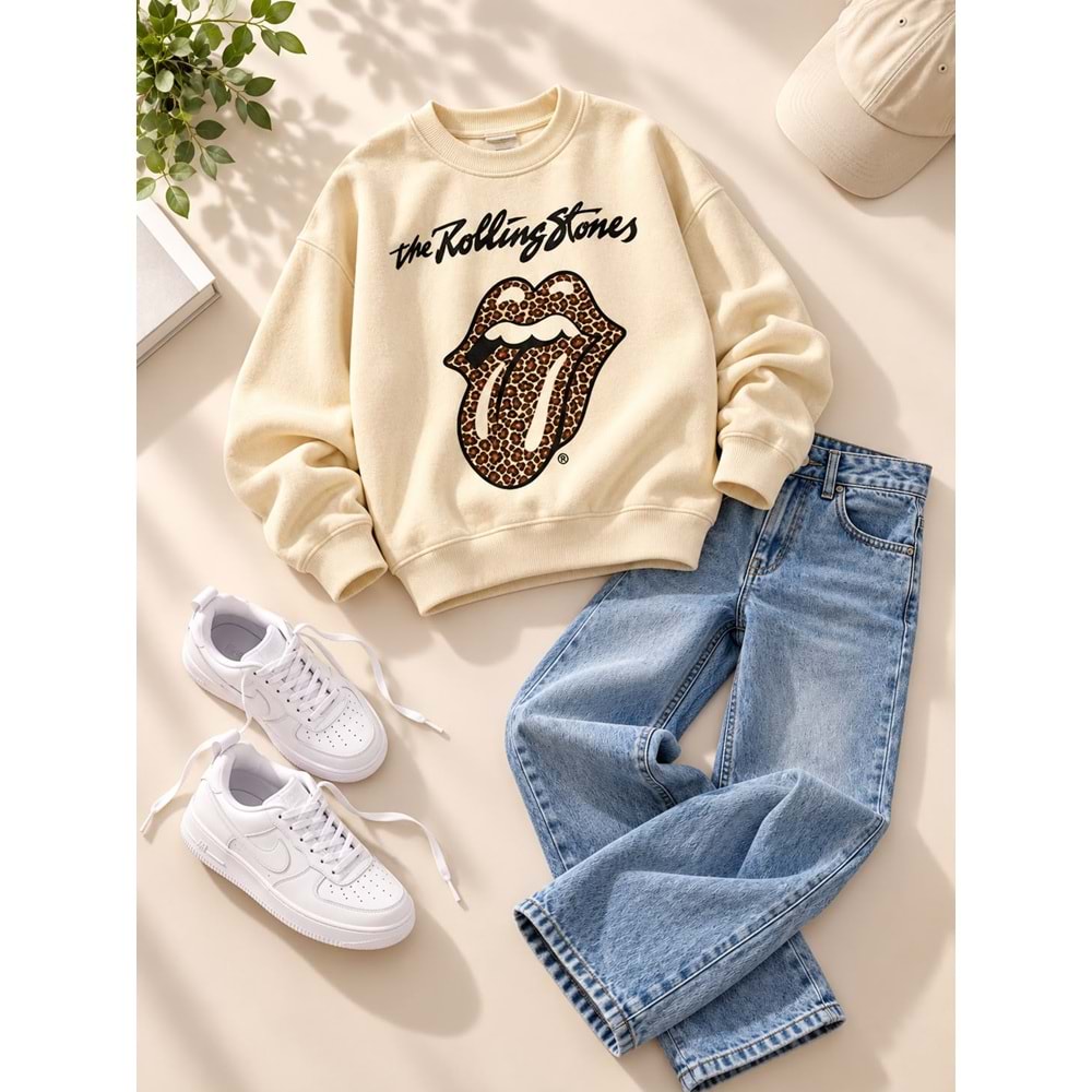 Kız Çocuk Yeni Sezon Leopar Desen Açık Kahve - Bej Renk Rolling Sweatshirt
