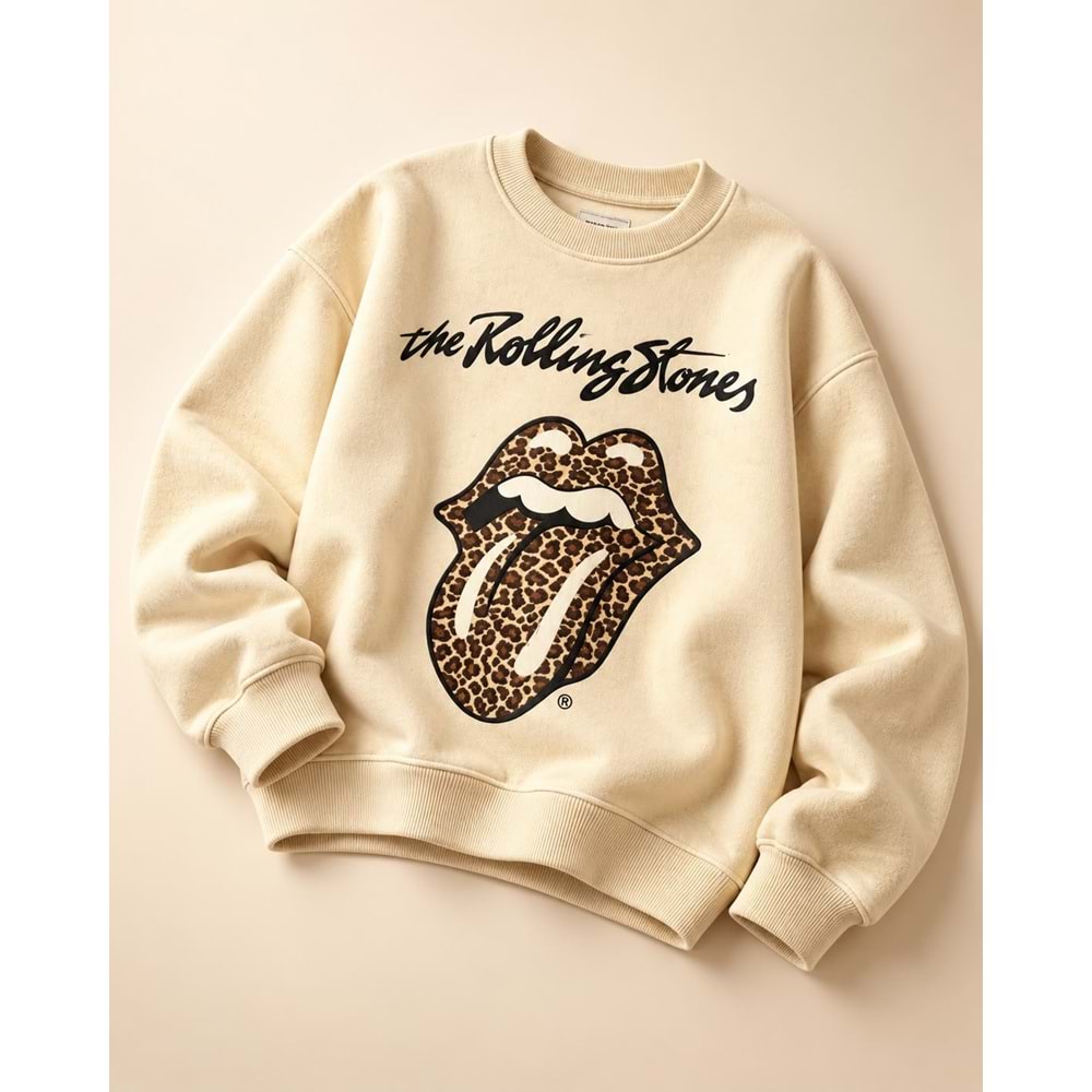 Kız Çocuk Yeni Sezon Leopar Desen Açık Kahve - Bej Renk Rolling Sweatshirt