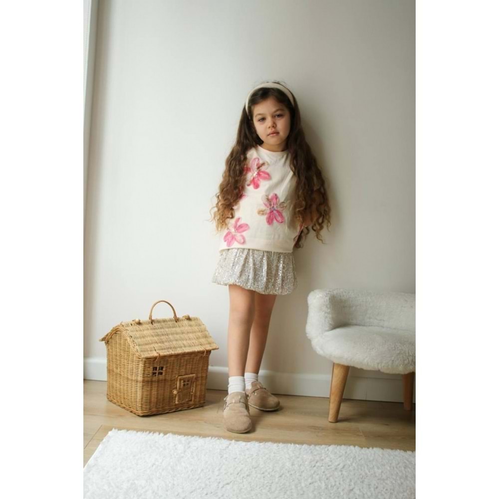 Kız Çocuk Şeker Pembe Parlak Payet Kumaş Balon Etek Fiyonk Nakışlı T-shirt Altüst Takım