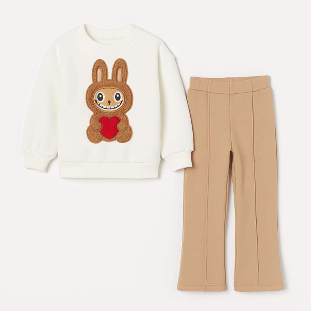 Kız Çocuk 3 İplik Şardonlu Peluş Baskı Detaylı Sweatshirt - Eşofman Alt üst Takım