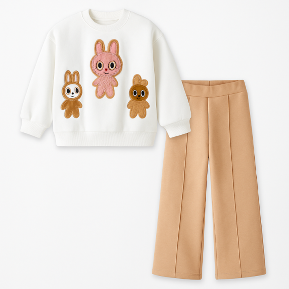 Kız Çocuk 3 İplik Şardonlu Peluş Baskı Detaylı Sweatshirt - Eşofman Alt üst Takım