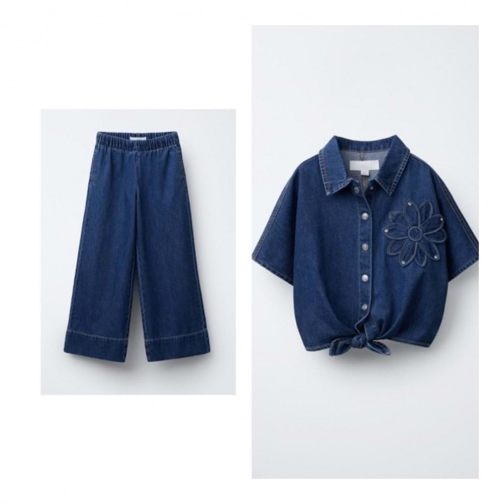 Kız Çocuk Çiçek Papatya Aplike Detaylı Denim Ceket - Pantolon Alt üst Takım 2 Parça
