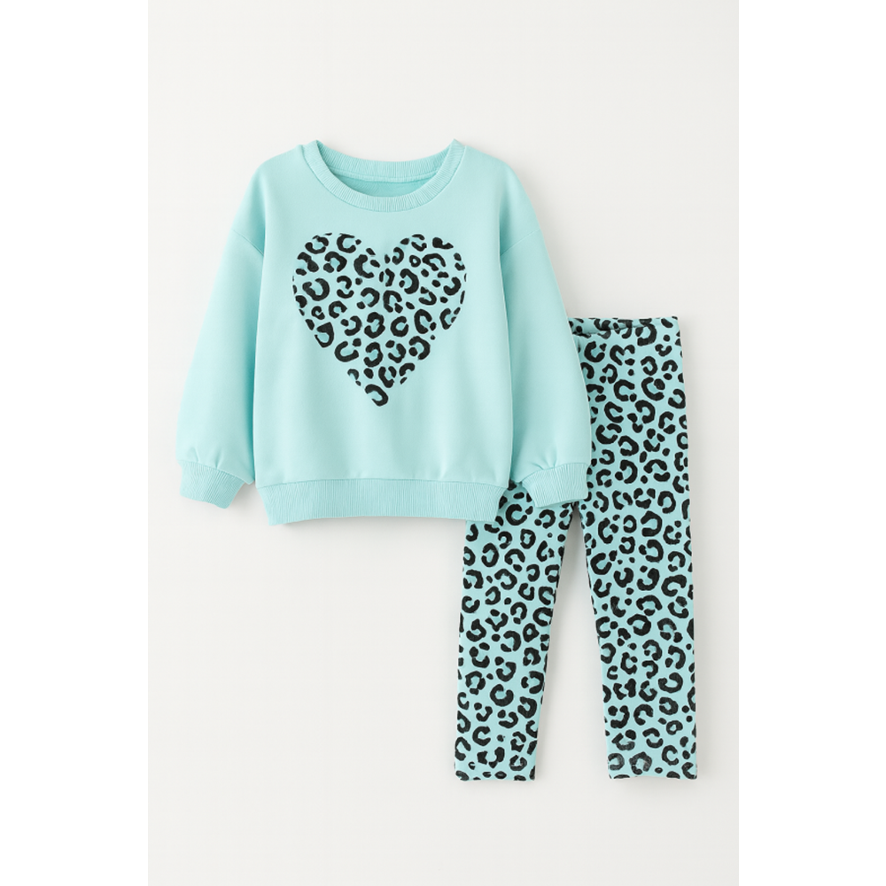 Kız Çocuk Çiçek - Leopar Detaylı 3 İplik Alt Üst Takım Sweatshirt + Tayt