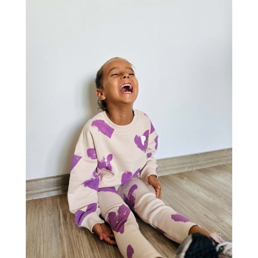 Kız Çocuk Çiçek - Leopar Detaylı 3 İplik Alt Üst Takım Sweatshirt + Tayt