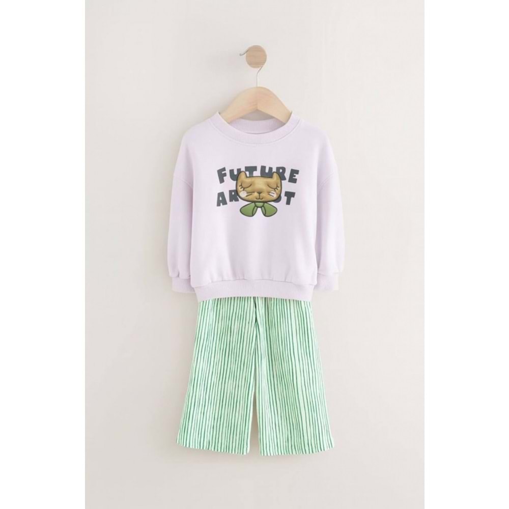 Kız Çocuk Kabartma Aplike Baskı Detaylı Sweatshirt Yeşil Beyaz Çizgili Jogger Alt Üst Takım