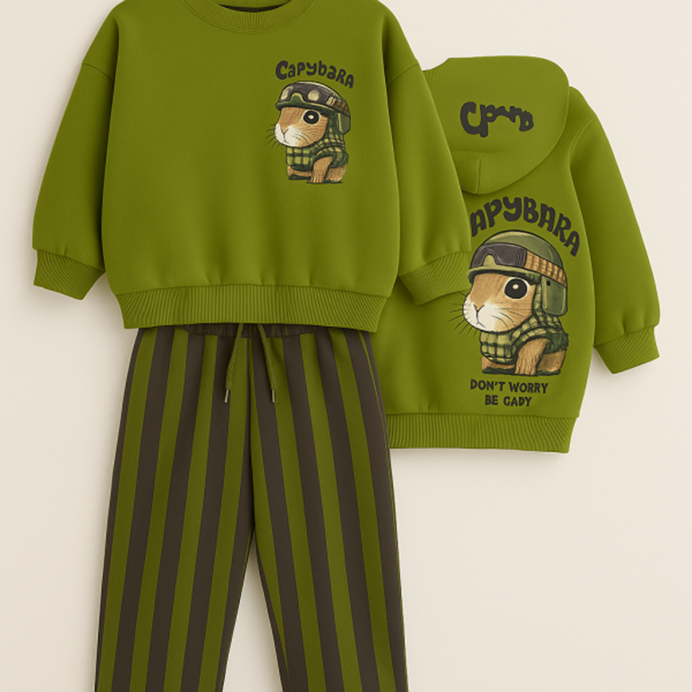 Kız Çocuk Capybara Desen Yeşil Renk Sweatshirt Çizgili Jogger Alt Üst Takım
