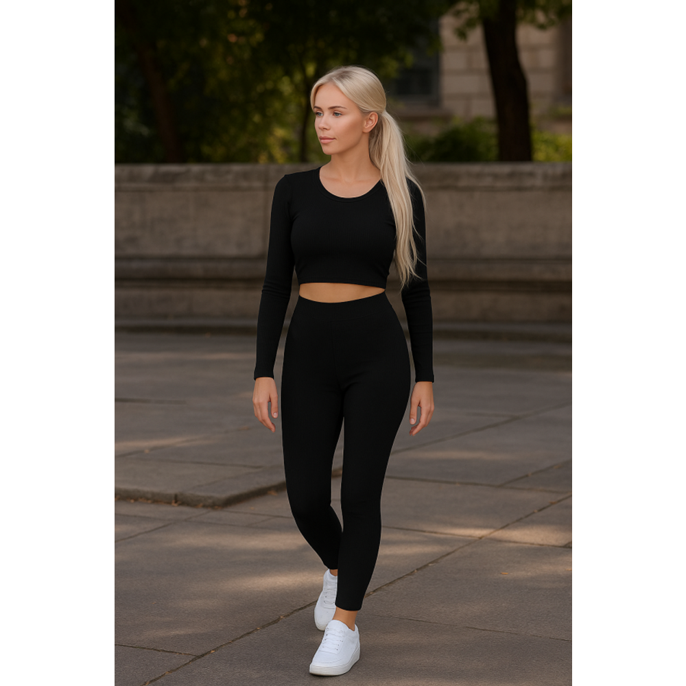 Kadın Fitilli Tayt Crop Üst Alt Üst Sportif Şık Takım