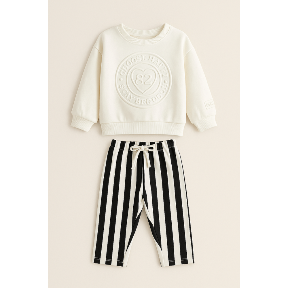 Kız Çocuk 3 İplik Kabartma Baskı Çizgili Jogger Sweatshirt + Eşofman Altı Takım