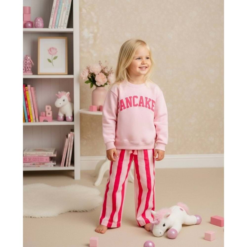 Kız Çocuk Yeni Sezon PANCAKE Baskılı Canvas Jogger Sweatshirt - Eşofman Alt Üst Takım Pembe Renk