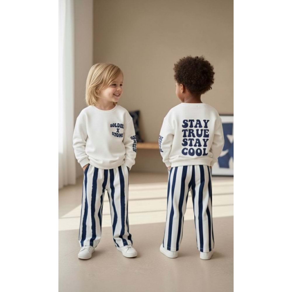 Erkek Çocuk Slogan Yazı Baskılı 3 İplik Kumaş Kanvas Pantolonlu Alt Üst Takım