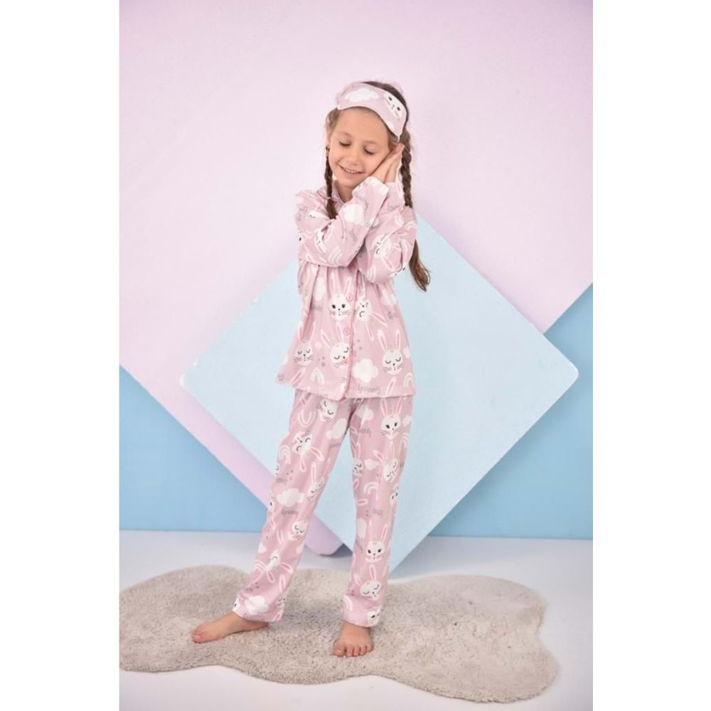 Kız Çocuk Pembe Renk Tavşan Desenli Baskılı Pijama Takımı Göz Bandı Hediyeli