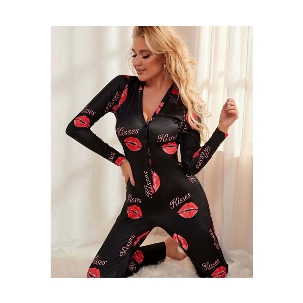 Dudak / Öpücük Baskılı Siyah Üzeri Kırmızı Ruj Öpücük Tulum Düğme Kapama Pamuklu Örme Ev Giyim