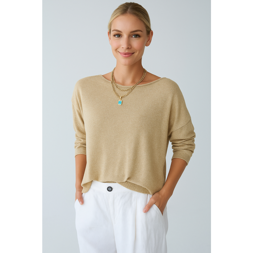 Kadın Giyim Yeni Sezon Sim Dokuma Bronz Renk Kayık Yaka Bluz Açık Dore