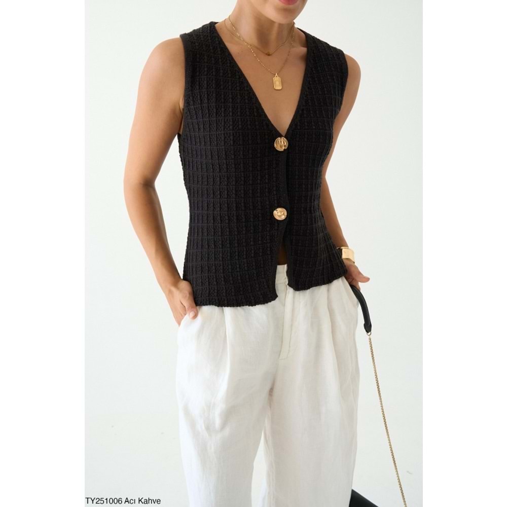 Kadın Giyim Aci Kahve Gold Düğme Kapamalı Yelek Yeni Sezon Doku Detaylı