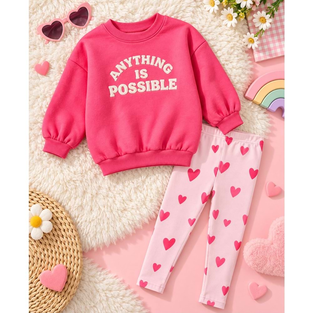 Kız Çocuk Pembe Süzene Sloganlı Kışlık 3 İplik Pamuklu Sweatshirt Kalpli Tayt Alt-Üst Takım