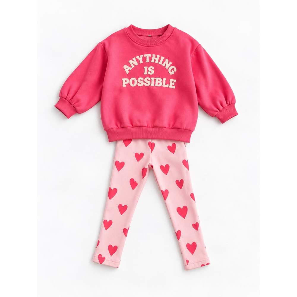 Kız Çocuk Pembe Süzene Sloganlı Kışlık 3 İplik Pamuklu Sweatshirt Kalpli Tayt Alt-Üst Takım