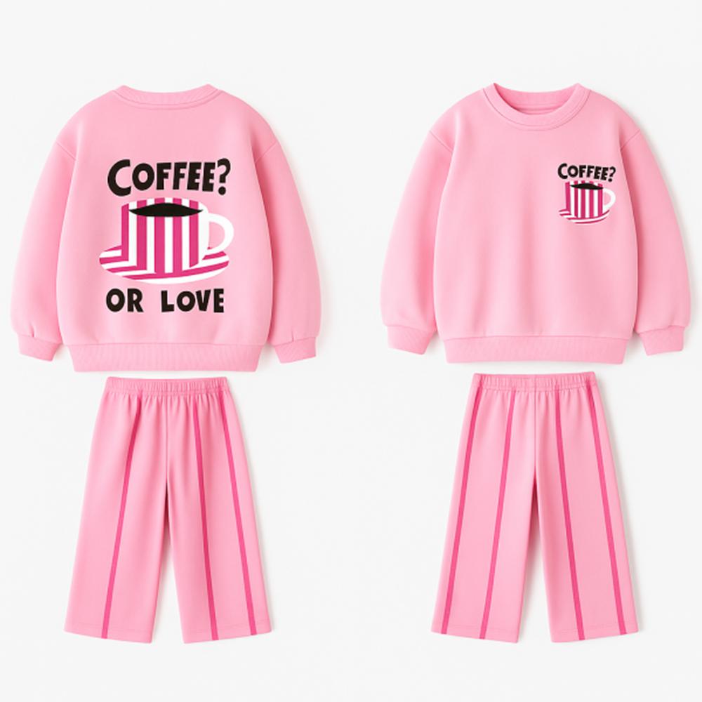 Yeni Sezon Kız Çocuk Coffee Baskılı 3 İplik Kumaş Canvas Pantolon Alt Üst Takım