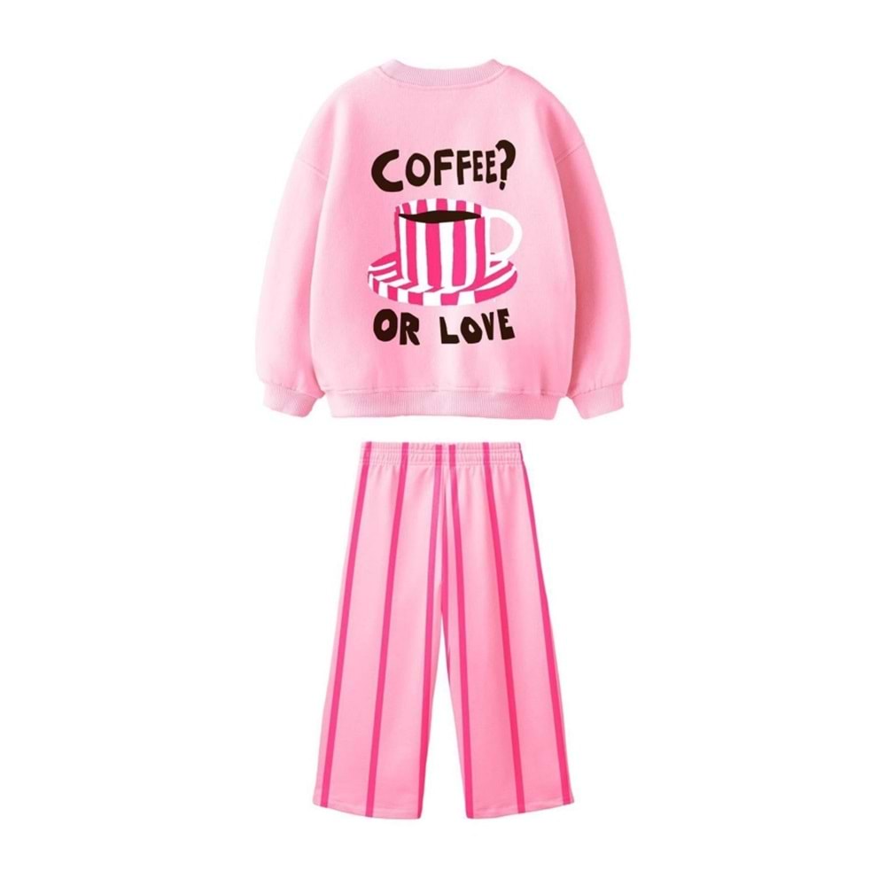 Yeni Sezon Kız Çocuk Coffee Baskılı 3 İplik Kumaş Canvas Pantolon Alt Üst Takım