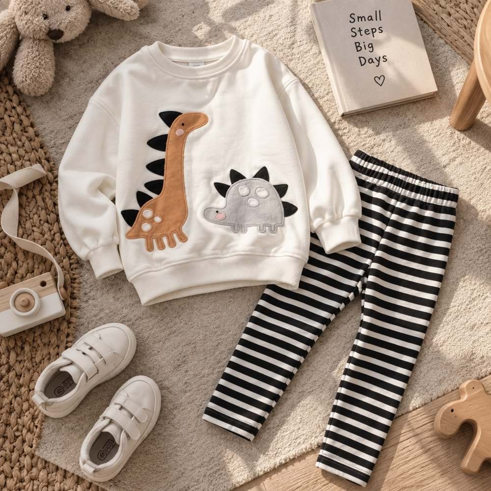 Kız Çocuk 3D Boyutlu Dikenli Dinozor Nakışlı Desenli Kışlık Pamuklu Sweatshirt Tayt Alt-Üst Takım