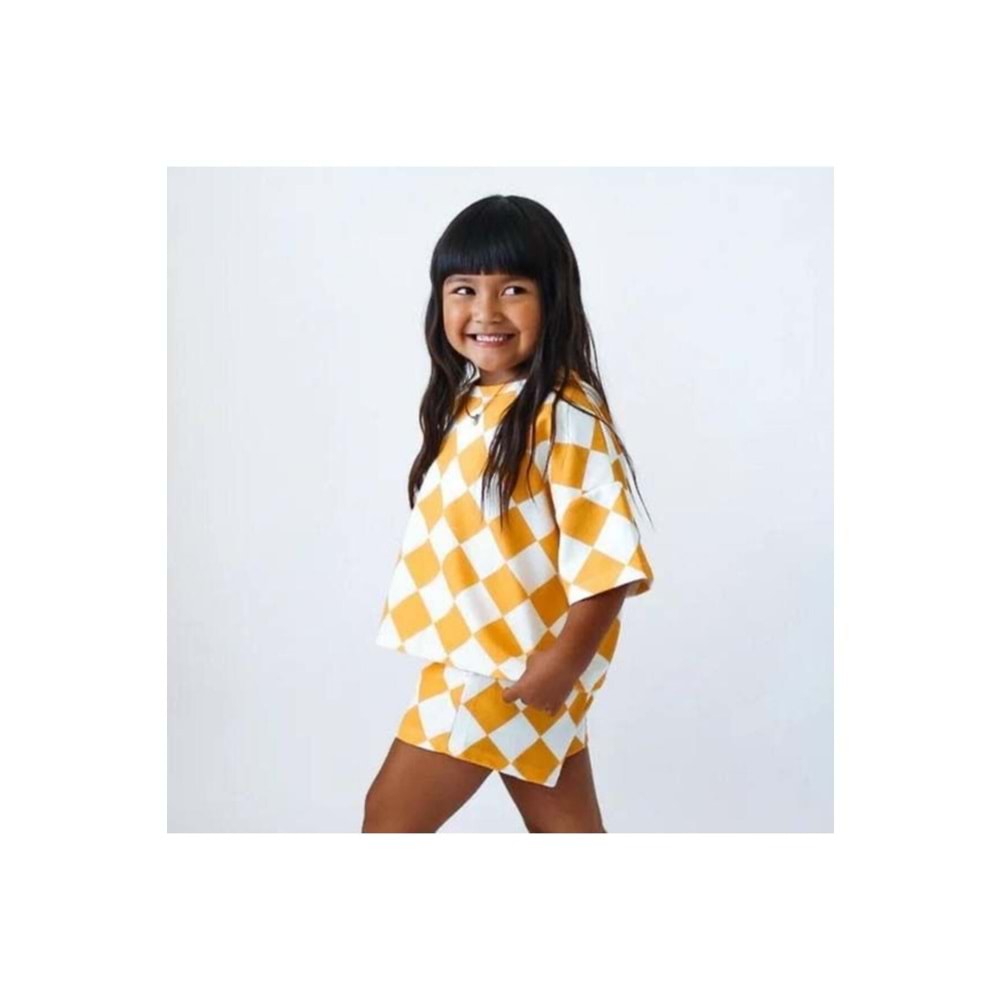 Kız Çocuk Oversize Ekose - Dama Desenli Tişört ve Şort 2li Takım – 2-7 Yaş Yazlık Takım Sarı Renk