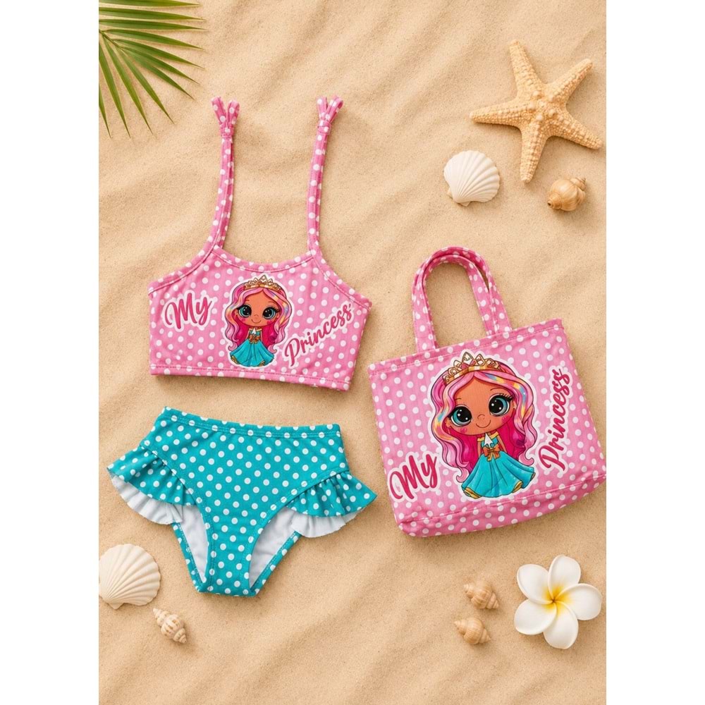 Kız Çocuk Prenses Bebek Baskı Desen Plaj Çantalı Bikini Takımı 3 Parça
