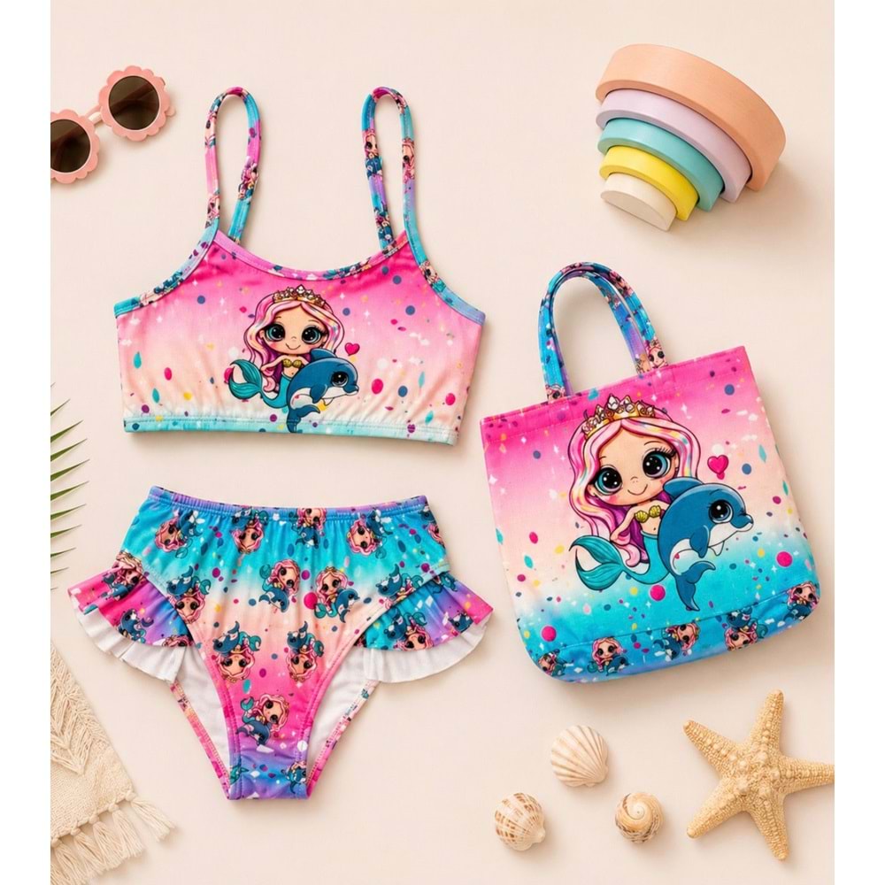 Kız Çocuk Deniz Kızı - Yunus Baskı Desen Plaj Çantalı Bikini Takımı 3 Parça
