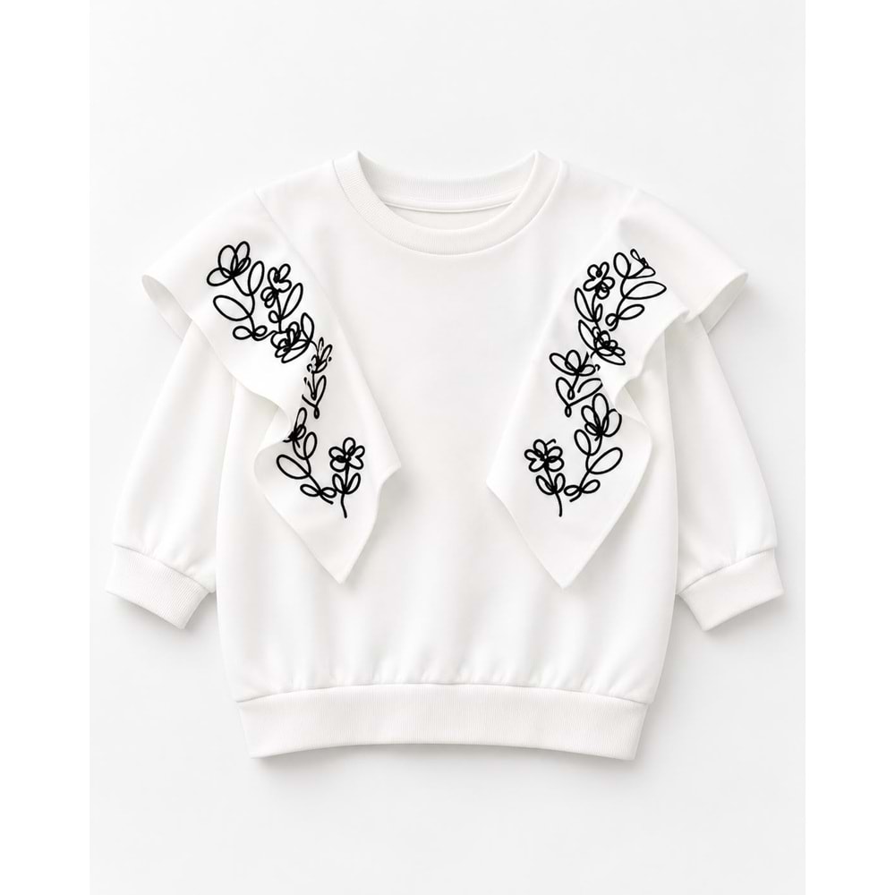 Kız Çocuk Omuz fırfırlı Çiçek Nakışlı Örme Sweatshirt Bebe Yaka Ekru Renk