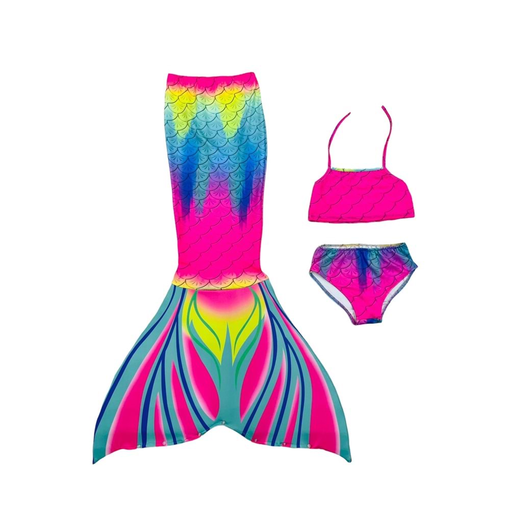 Kız Çocuk Deniz Kızı Kuyruklu Kostüm Mayo Bikini Takımı 3 Parça Son Moda Gökkuşağı