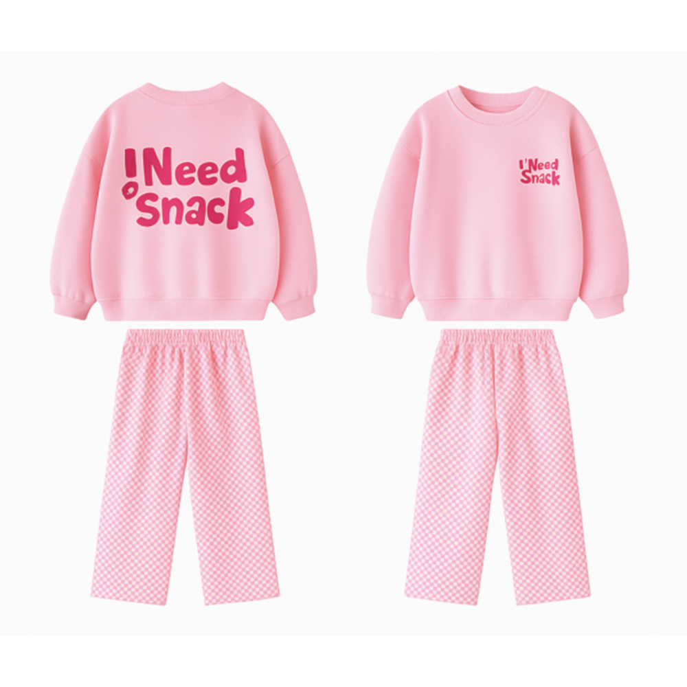 Yeni Sezon Kız Çocuk I need Snack Baskılı 3 İplik Kumaş Canvas Pantolonlu Alt Üst Takım