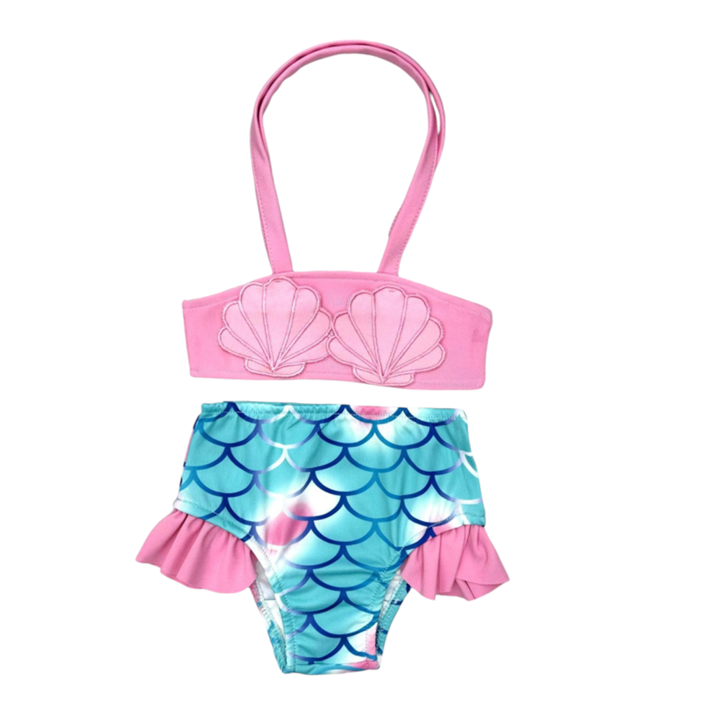 Kız Çocuk Mermaid - Deniz Kızı Midye Tasarım Desenli Fırfır Detaylı Bikini Takımı Pembe Renk