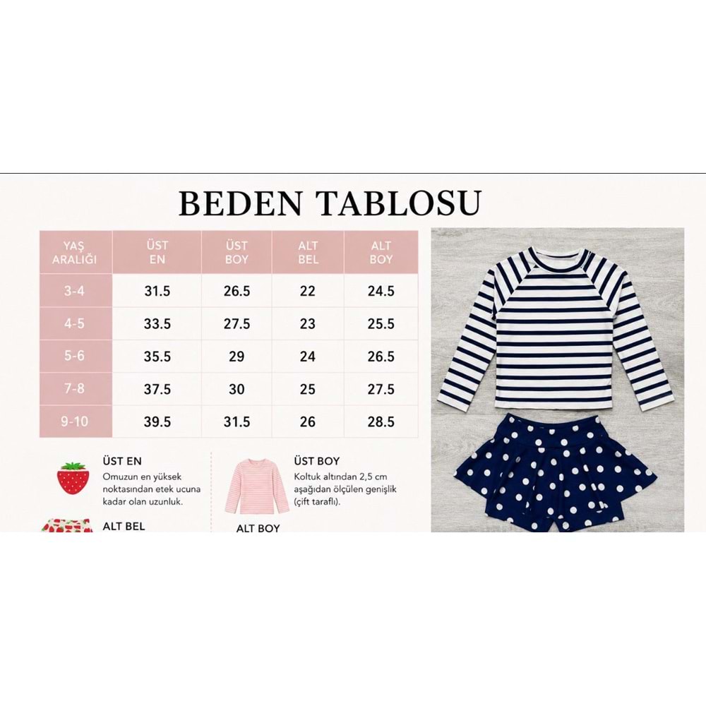 Kız Çocuk Beyaz MaviRenk Çizgili Uzun Kollu Tayt Etekli 2 Parça Mayo / Bikini Takımı