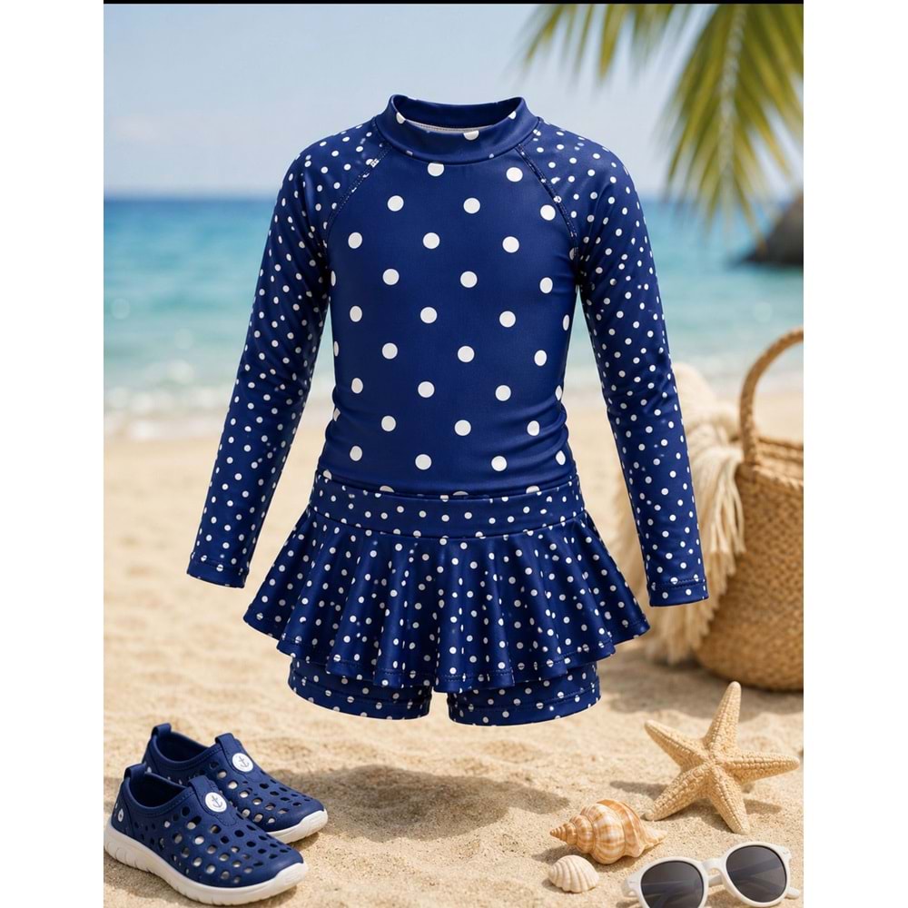 Kız Çocuk Lacivert Renk Puantiye / Polkadot Uzun Kollu Tayt Etekli 2 Parça Mayo / Bikini Takımı