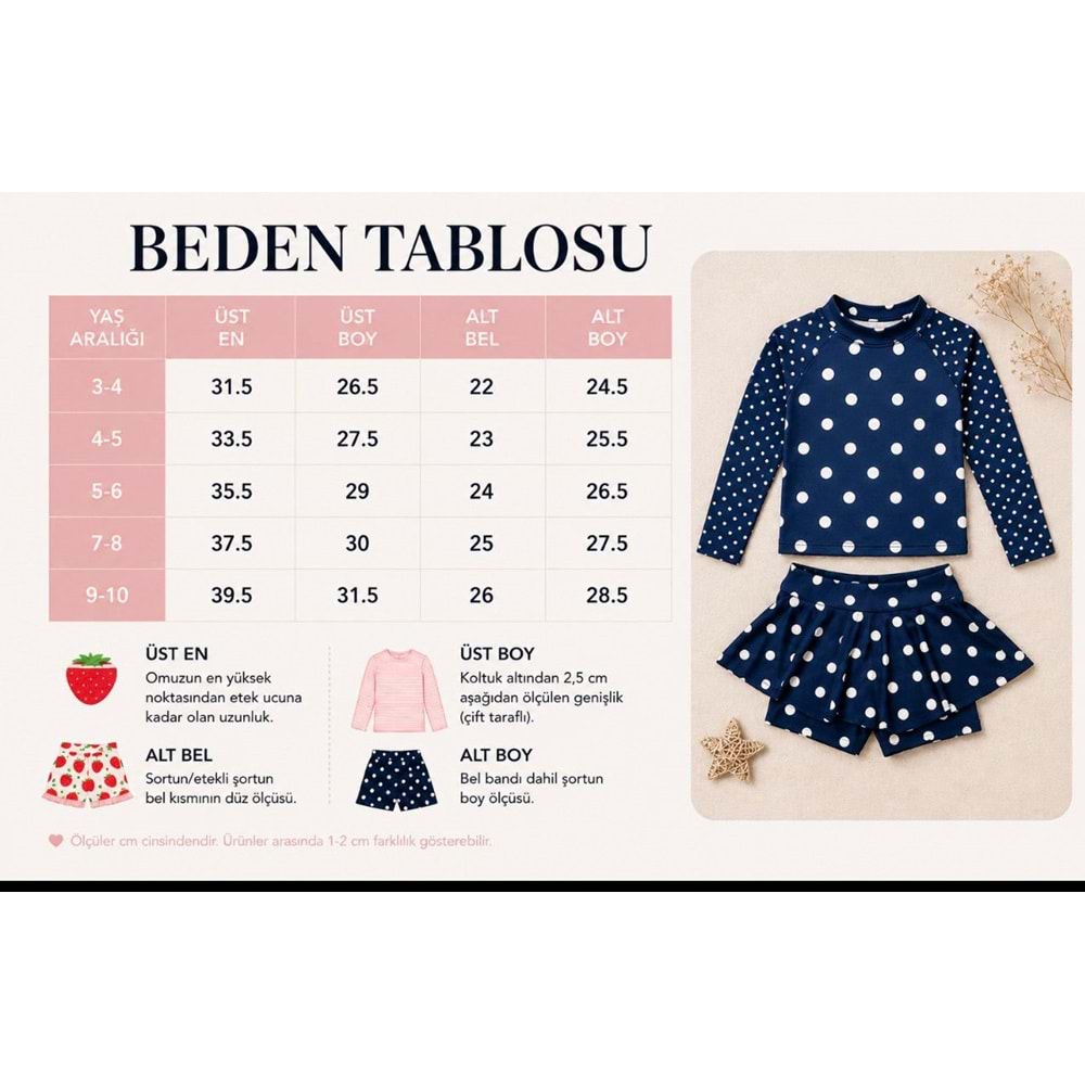 Kız Çocuk Lacivert Renk Puantiye / Polkadot Uzun Kollu Tayt Etekli 2 Parça Mayo / Bikini Takımı