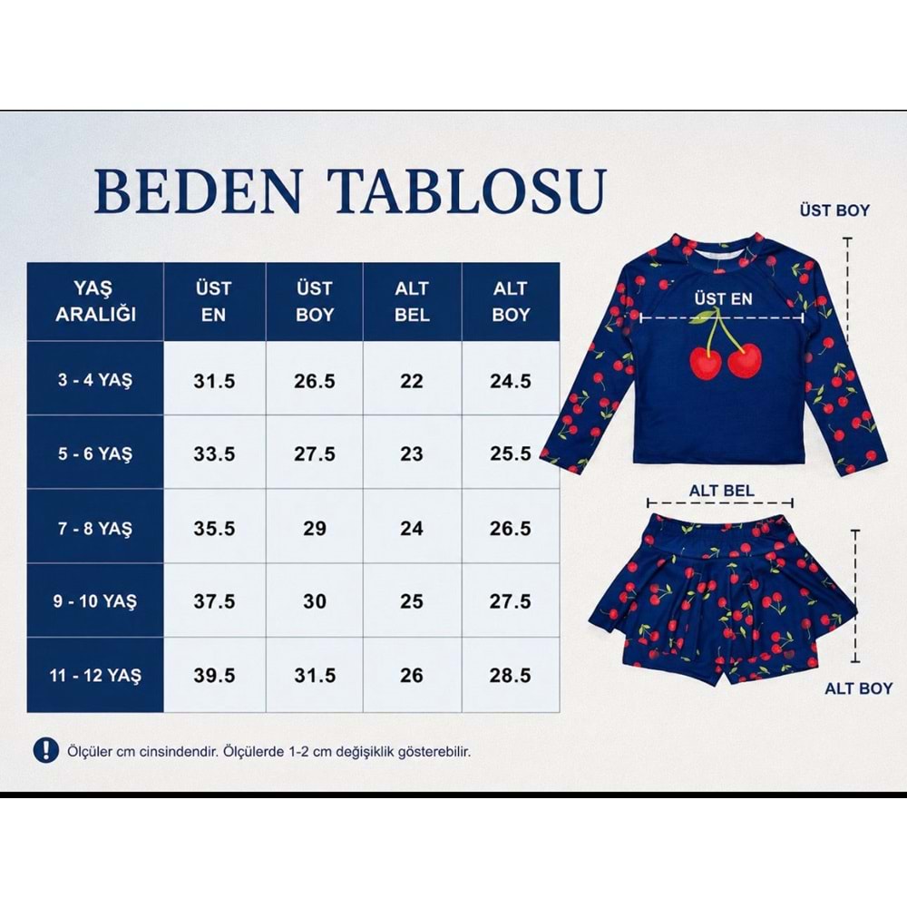 Kız Çocuk Lacivert Renk Kiraz - Cherry Desenli Uzun Kollu Tayt Etekli 2 Parça Mayo / Bikini Takımı