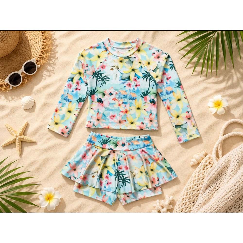 Pastel Renk Çiçek Desenli Uzun Kollu Tayt Etekli 2 Parça Mayo / Bikini Takımı