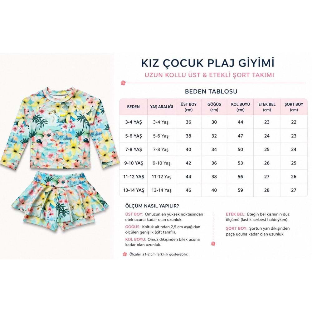 Pastel Renk Çiçek Desenli Uzun Kollu Tayt Etekli 2 Parça Mayo / Bikini Takımı