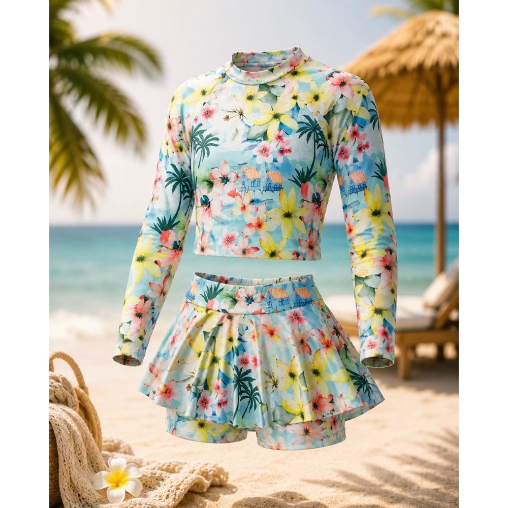 Pastel Renk Çiçek Desenli Uzun Kollu Tayt Etekli 2 Parça Mayo / Bikini Takımı