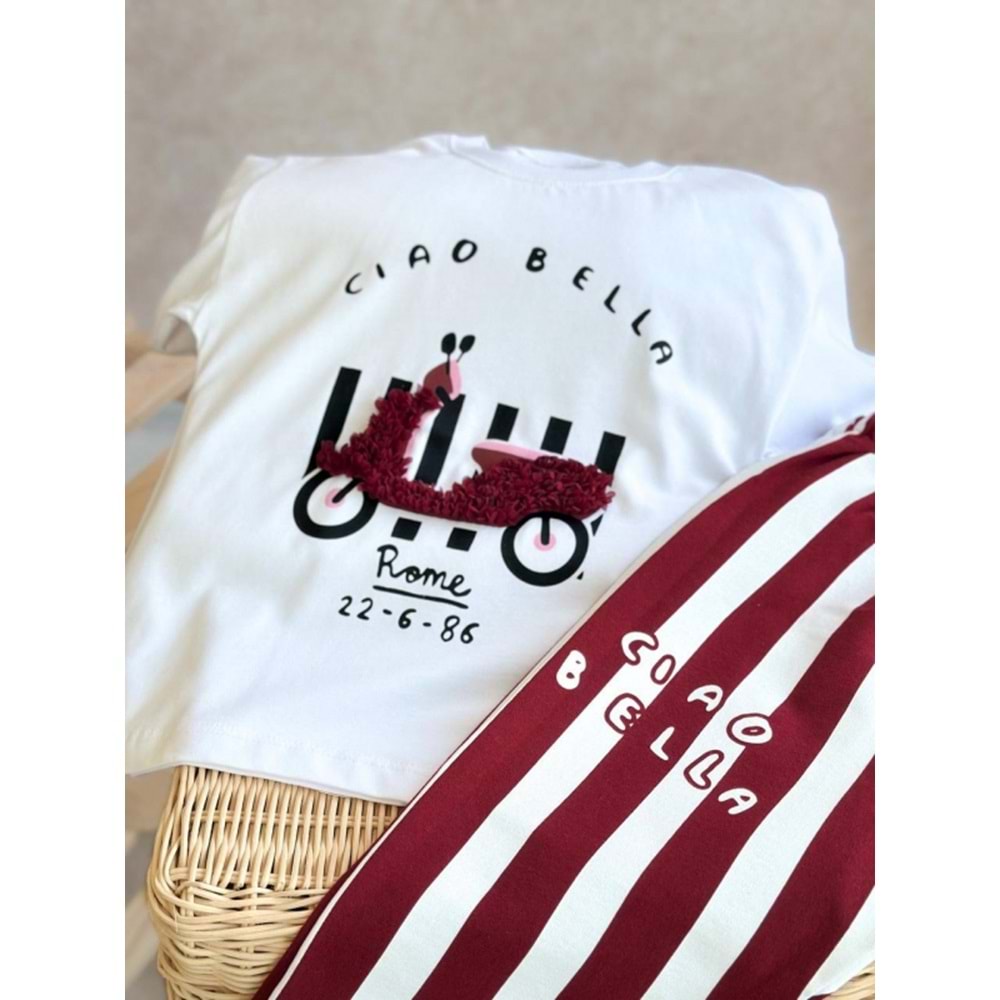 Kız Çocuk Scooter üzeri Aplike Detaylı Tshirt ve Çizgili Jogger Alt Üst Takım