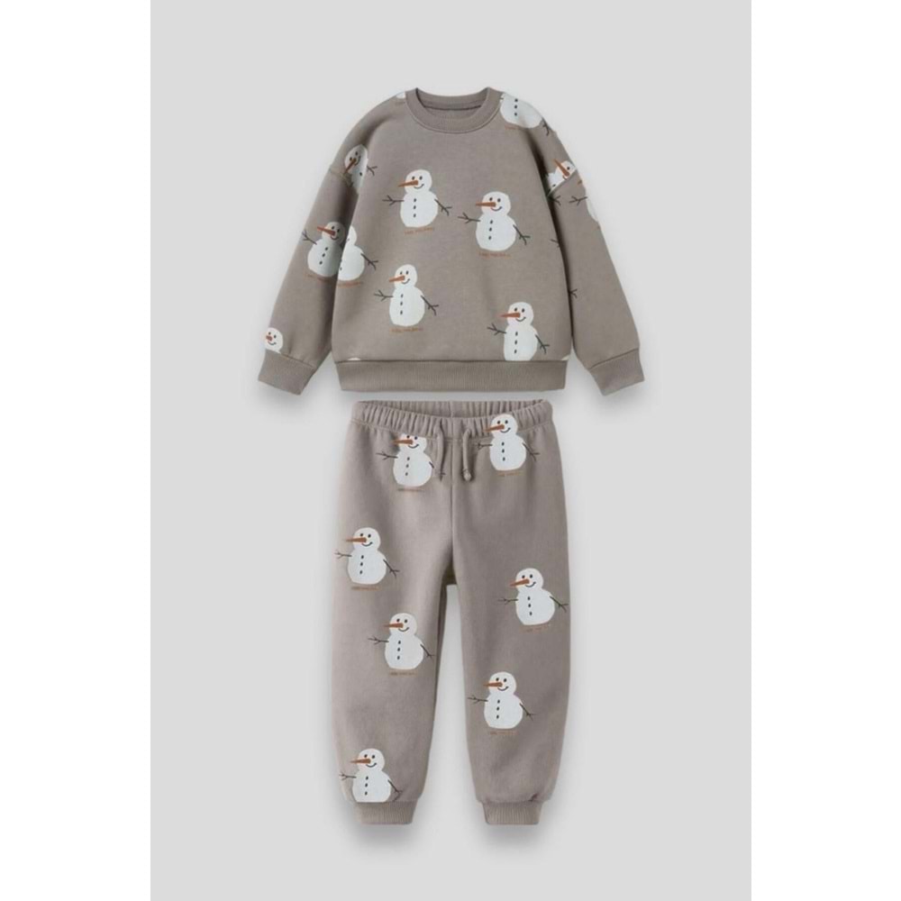 Kardan Adam Desenli Pamuklu Sweatshirt Jogger Eşofman Alt-Üst Takım