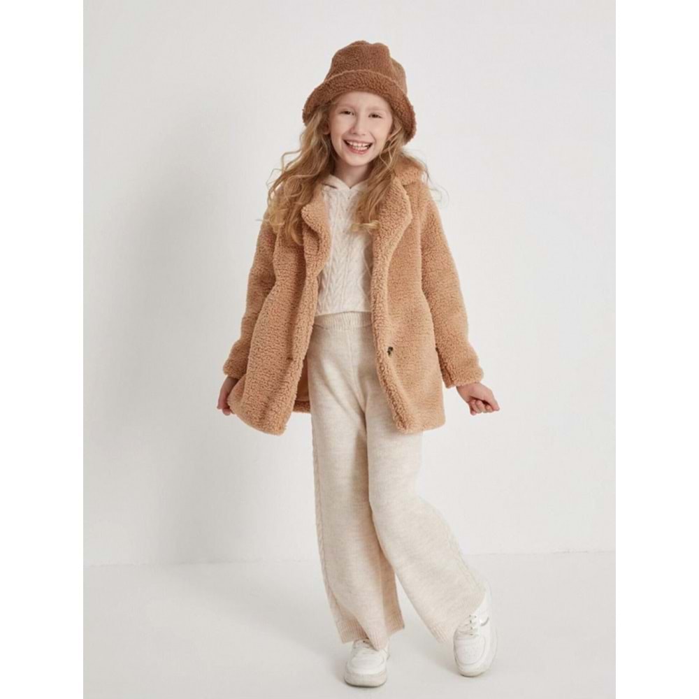 Kız Çocuk Yeni Sezon Trend Peluş Kürk Kaban Düğme Kapamalı Saten İç Astarlı