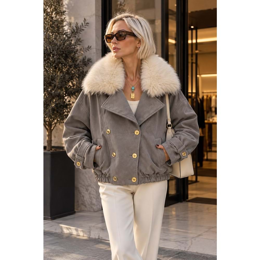 Çıkarılabilir Yaka Kürklü Gri Renk Apoletli Bomber - GRİ - M - ST00101-GRİ-M