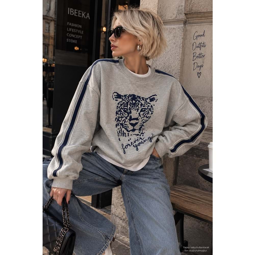 Kabartma Kaplan Baskılı Gri Melanj Şardonlu Sweatshirt - GRİ - M - ST00113-11271