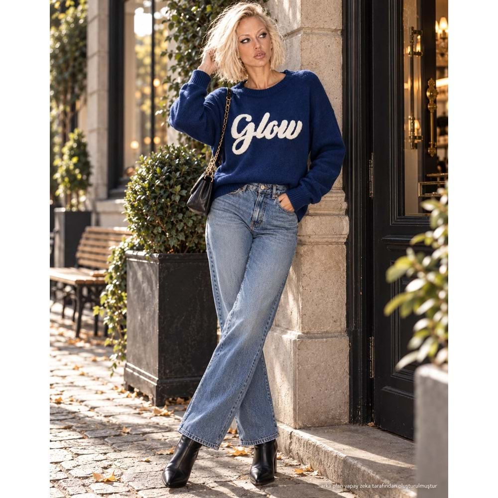 Glow Slogan Nakış Detaylu Triko Kazak Lacivert Renk - LACİVERT - STANDART - ST00115-11278