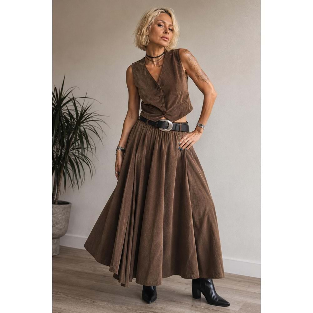 Kadife Yelek Etek Takım - KAHVERENGİ - S - ST00179-11522