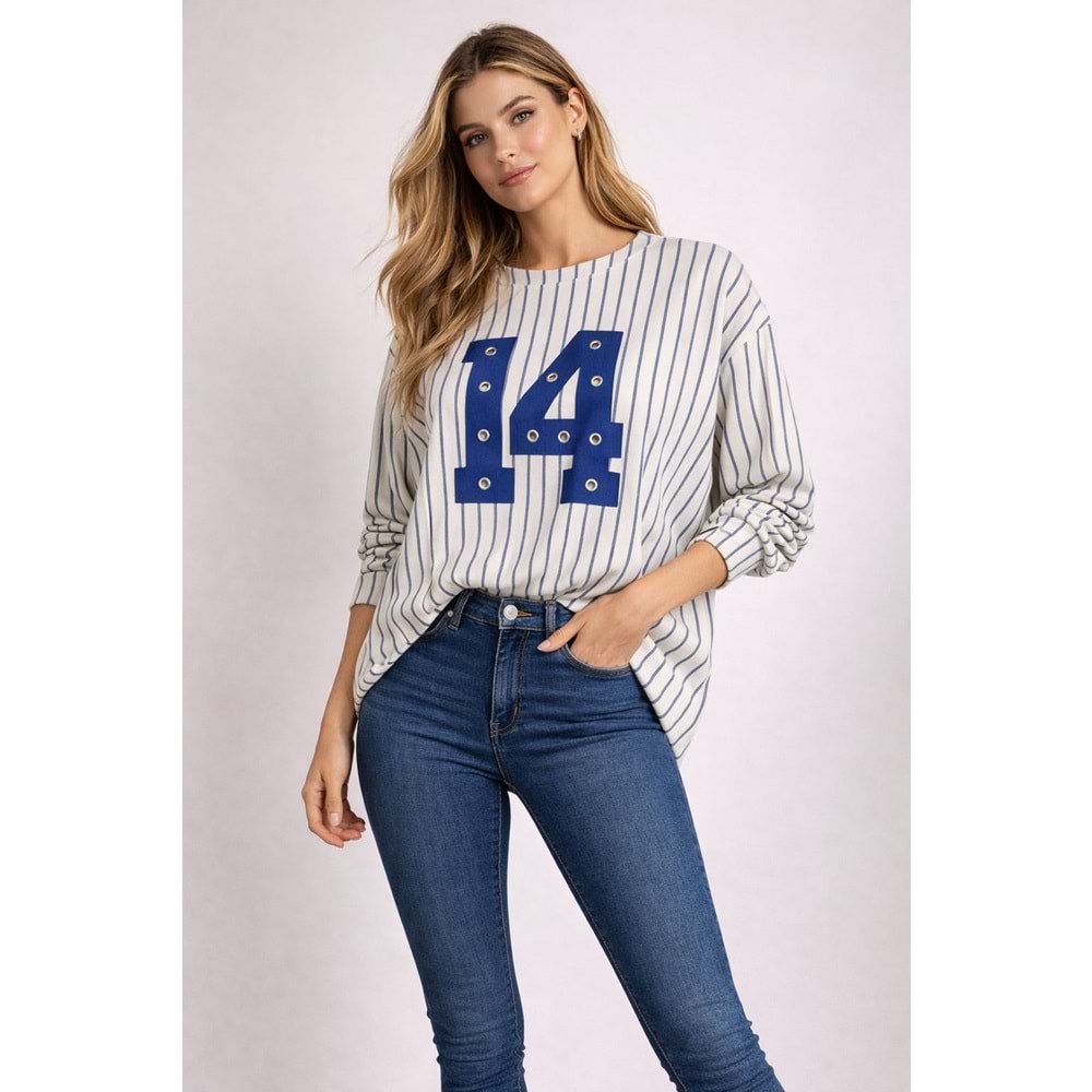 14 // Zımba Detay Yeşil Ekru Salaş Sweat - MAVİ - L