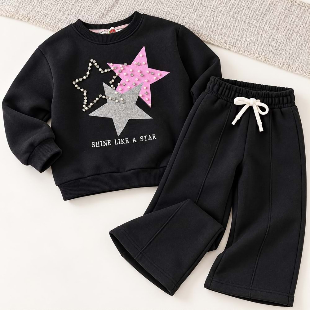 Kız Çocuk Shine Star ! Yıldız Baskı Boncuk Aplikeli Sweatshirt Eşofman Alt Üst Takım