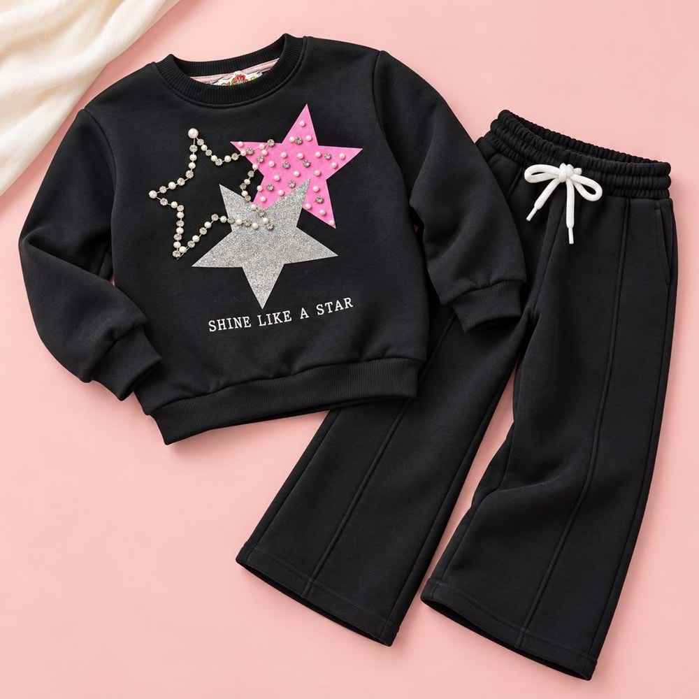 Kız Çocuk Shine Star ! Yıldız Baskı Boncuk Aplikeli Sweatshirt Eşofman Alt Üst Takım