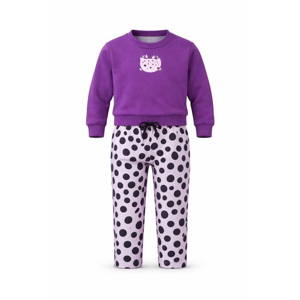 Mor Puantiye Taytlı Kedi Baskılı Altı Üst Takım - MOR - 2-3 YAŞ - ST00283-MOR-2-3 YAŞ
