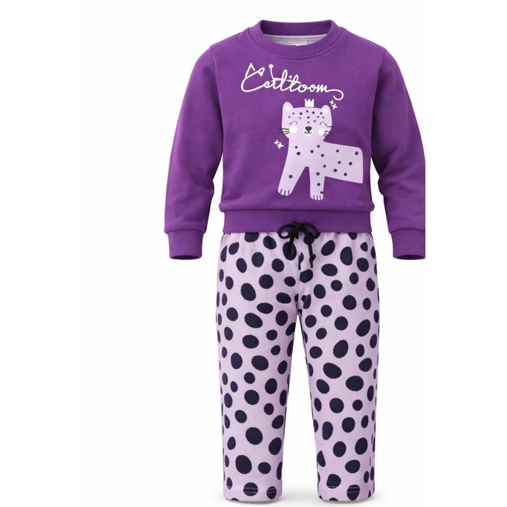 Mor Puantiye Taytlı Kedi Baskılı Altı Üst Takım - MOR - 2-3 YAŞ - ST00283-MOR-2-3 YAŞ